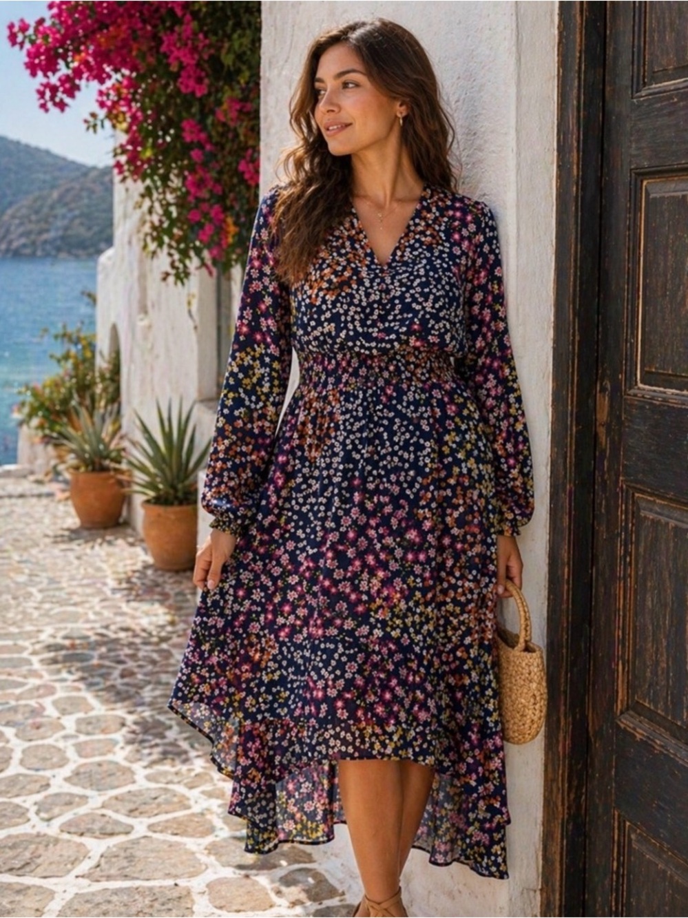Nanette Lepore Spring Meadow Floral High‎ Low Dress Navy Blue Pink Size 8